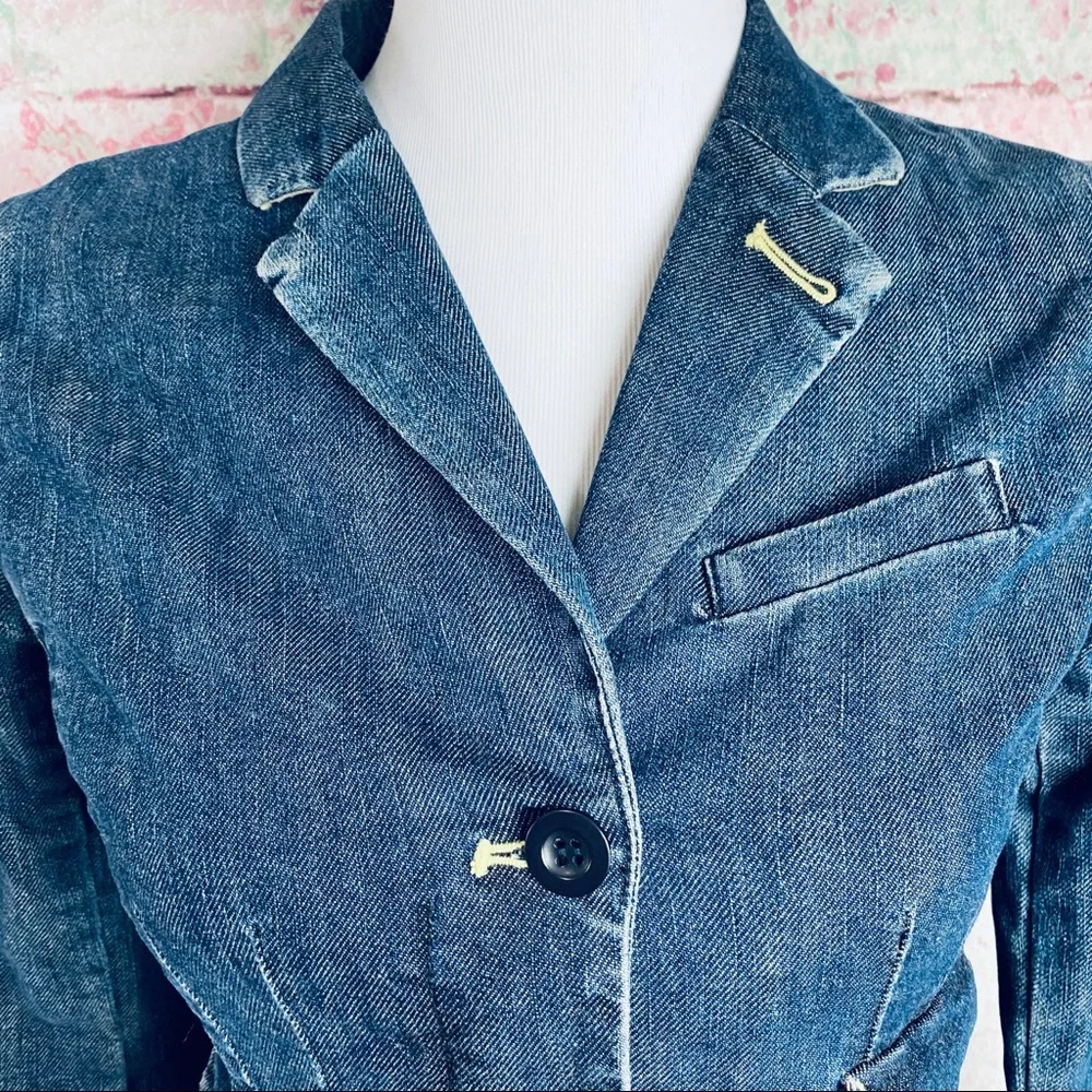 Louie Women Blue Denim Utility Blazer Jacket Size 4 Single Button‎ Flap Pockets